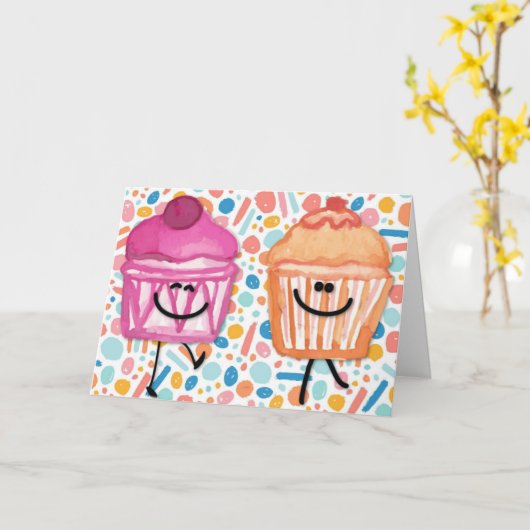 Carte d'anniversaire de Cupcake colorée (Fleur jaune)