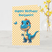 Carte d'anniversaire de dinosaure bleu mignonne po (Fleur jaune)