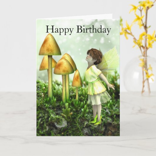 Carte d'anniversaire de fée et de champignons (Fleur jaune)