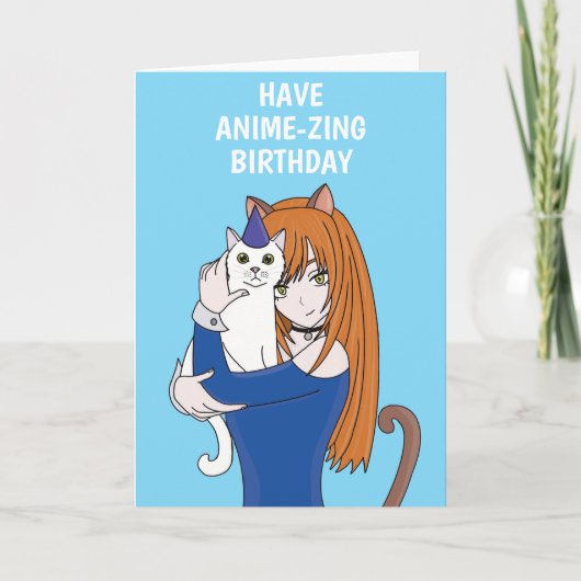 Carte d'anniversaire de fille de chat manga Anime (Devant)