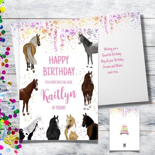 Carte d'anniversaire de fille de cheval avec nom e