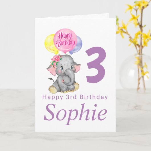 carte d'anniversaire de fille d'éléphant mignonne (Fleur jaune)