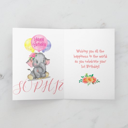 carte d'anniversaire de fille d'éléphant mignonne (Intérieur)