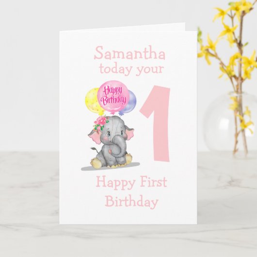 carte d'anniversaire de fille d'éléphant mignonne (Fleur jaune)
