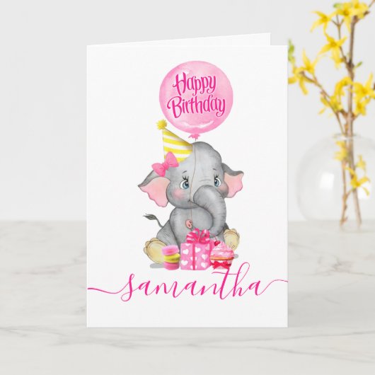 carte d'anniversaire de fille d'éléphant mignonne (Fleur jaune)