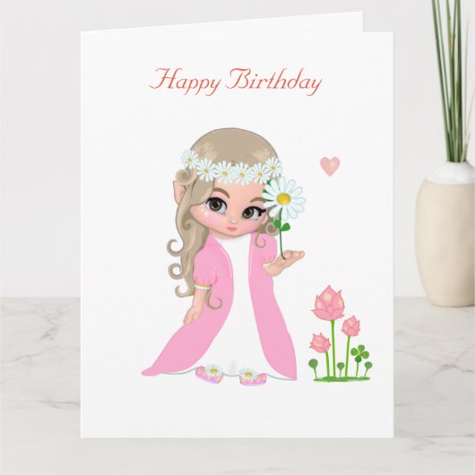 Carte d'anniversaire de fille fée mignonne avec fl (Devant)