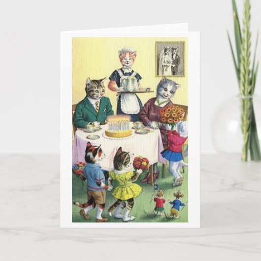 Carte d'anniversaire de la famille vintage de chat (Devant)