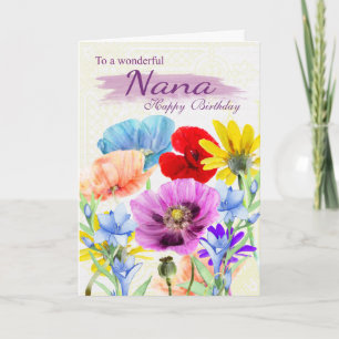 Carte d'anniversaire de la Nana Watercolor Fleurs 