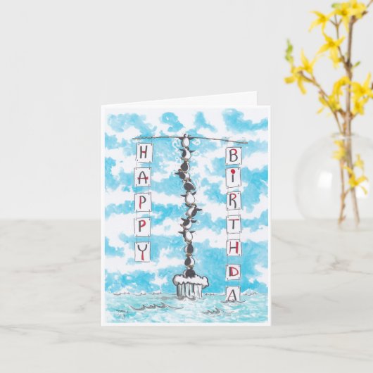 Carte d'anniversaire de la pyramide des pingouins (Fleur jaune)