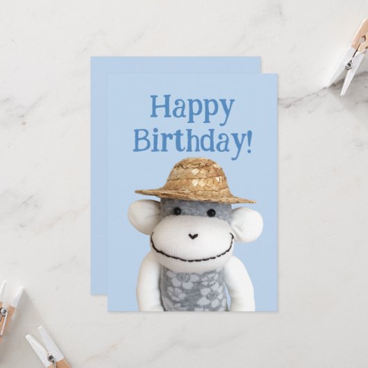 Carte d'anniversaire de l'Aloha Sock Monkey (Devant/Arrière en situation)