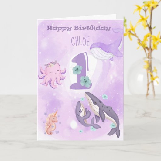 Carte d'anniversaire de l'animal mignon rose 1er (Fleur jaune)