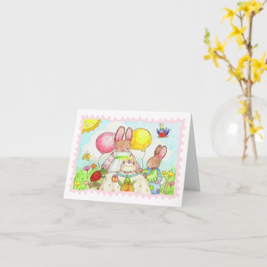 Carte d'anniversaire de lapin et de bug (Fleur jaune)