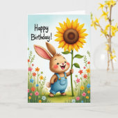 Carte d'anniversaire de lapin souriant (Fleur jaune)