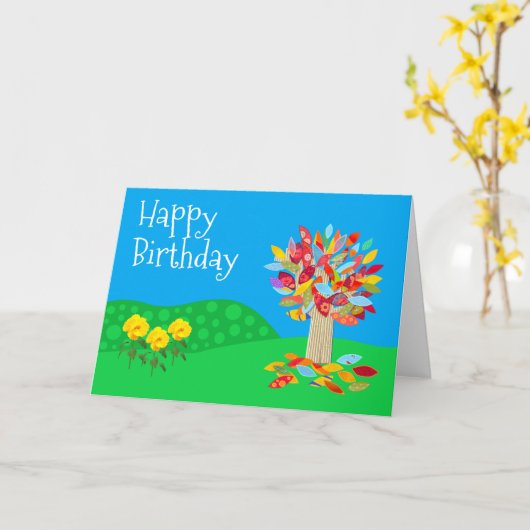 Carte d'anniversaire de l'arbre d'automne version  (Fleur jaune)
