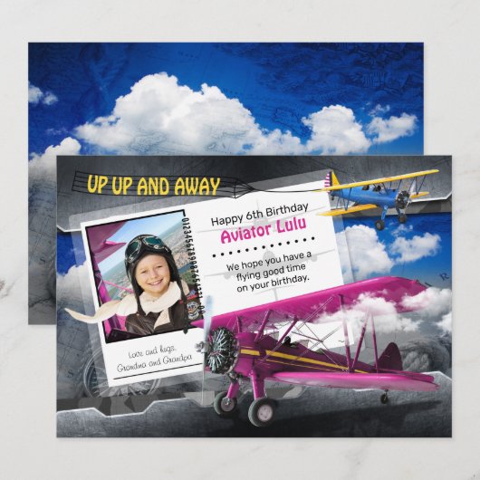 Carte d'anniversaire de l'avion de l'aviateur amus (Devant / Derrière)