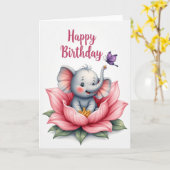 Carte d'anniversaire de l'éléphant doux (Fleur jaune)