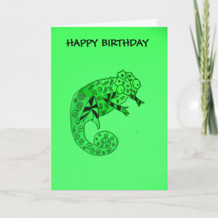 Carte d'anniversaire de l'enfant de caméléon vert