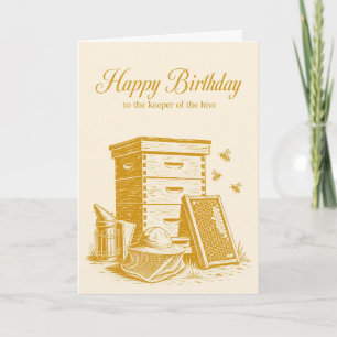 Carte d'anniversaire de linogravure d'apiculteur d
