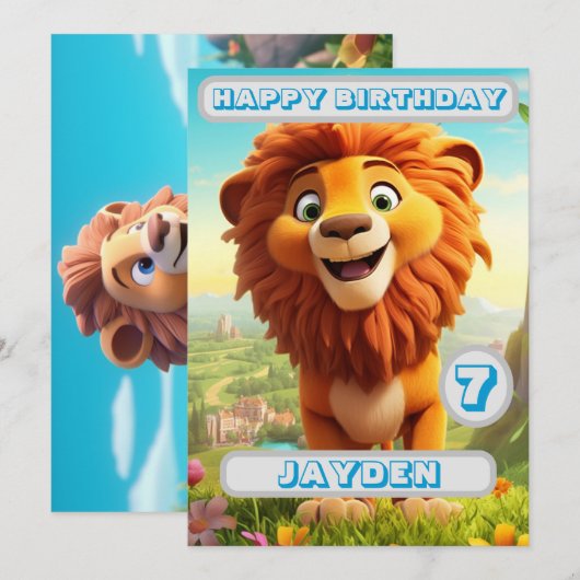 Carte d'anniversaire de lion personnalisée Enfants (Devant / Derrière)