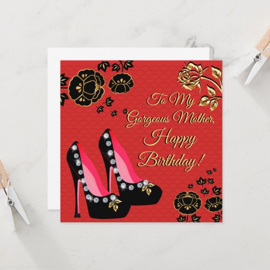 Carte d'anniversaire de maman chaussures noires et (Devant/Arrière en situation)