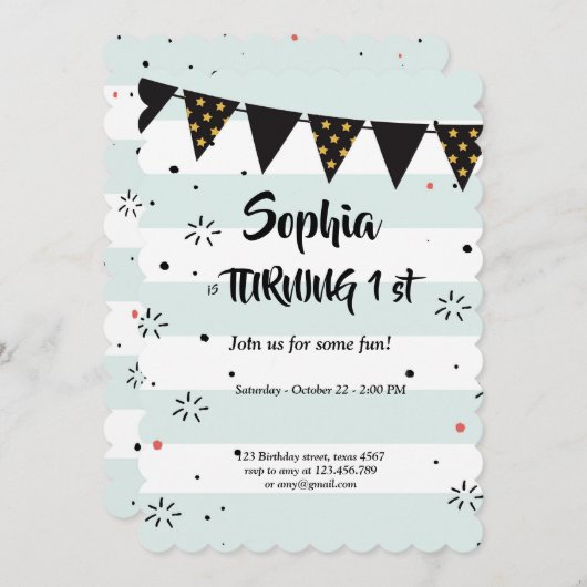 carte d'anniversaire de motif rayé bleu et blanc (Devant / Derrière)