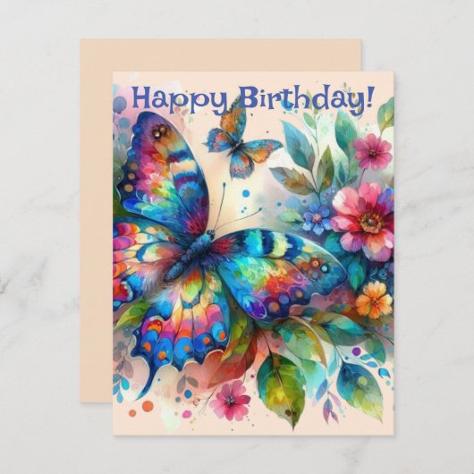 Carte d'anniversaire de papillon d'aquarelle (Devant / Derrière)
