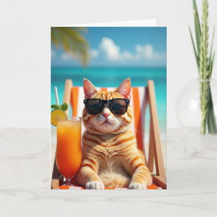 Carte d'anniversaire de plage au chat roux