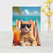 Carte d'anniversaire de plage au chat roux (Fleur jaune)