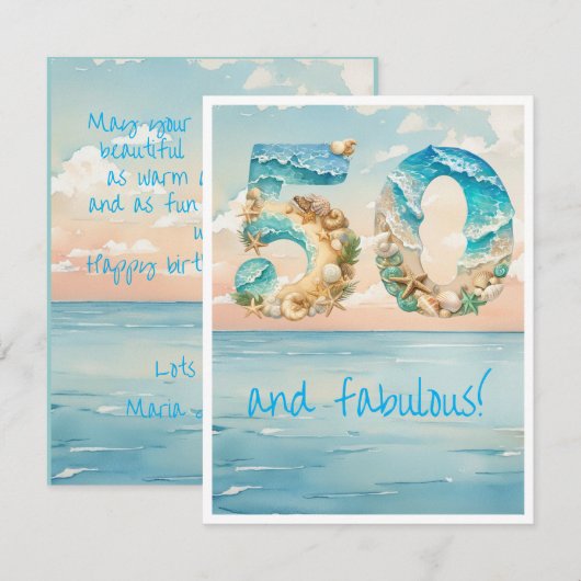 Carte d'anniversaire de plage pour 50 ans (Devant / Derrière)