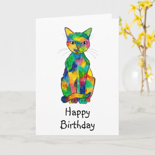 Carte d'anniversaire de Rainbow Cat (Fleur jaune)