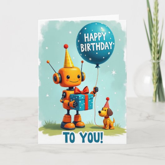 Carte d'anniversaire de robot festive (Devant)