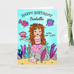 Carte d'anniversaire de sirène aux cheveux roux