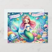 Carte d'anniversaire de sirène magique - Aquarelle (Devant / Derrière)