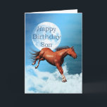 Carte d'anniversaire de son fils avec un cheval sp<br><div class="desc">Un cheval d'esprit chestnus galopant sur fond de lune et de nuages. Voir toutes les cartes de la gamme dans mon magasin. http://www.zazzle.com/eggznbeenz</div>
