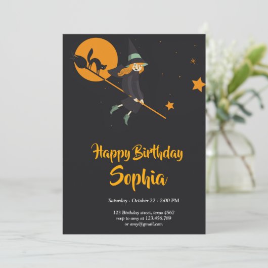 carte d'anniversaire de sorcière et de chat (Debout devant)