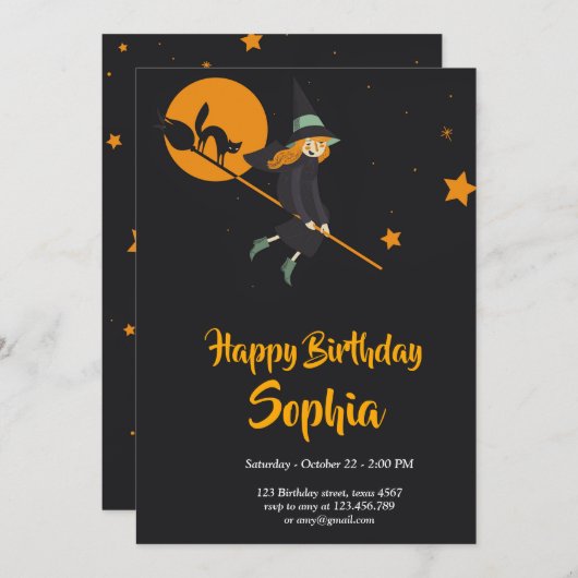 carte d'anniversaire de sorcière et de chat (Devant / Derrière)