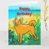 carte d'anniversaire de spitz finlandais (Fleur jaune)