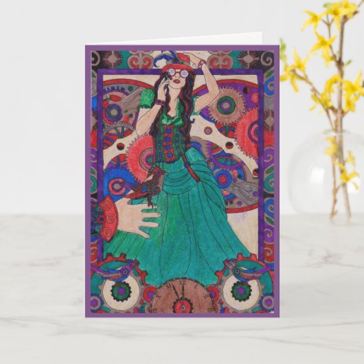 Carte d'anniversaire de Steampunk 13 - robe verte (Fleur jaune)