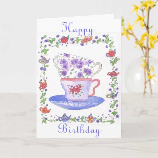 Carte d'anniversaire de temps de thé de pile de (Fleur jaune)