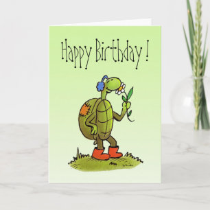 carte d'anniversaire de tortue et de fleur