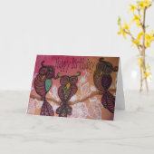 Carte d'anniversaire de trois chouettes (Fleur jaune)