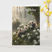 Carte d'anniversaire de trois mignons pandas (Fleur jaune)