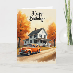 Carte d'anniversaire de voiture d'automne vintage