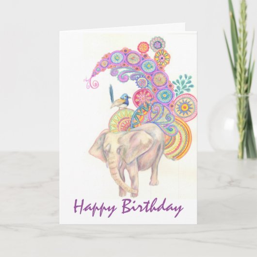 carte d'anniversaire d'éléphants et d'oiseaux (Devant)