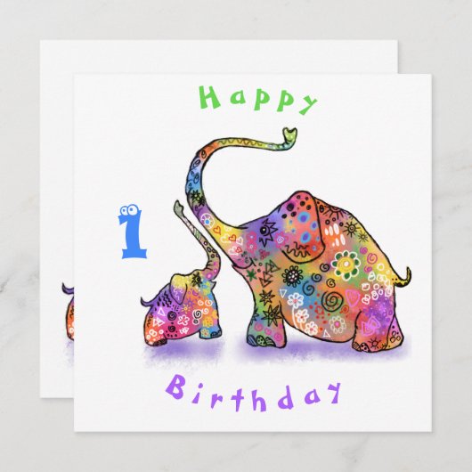 Carte d'anniversaire des Eléphants mignons mère et (Devant / Derrière)