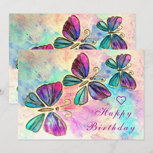 Carte d'anniversaire des papillons Watercolor (Devant / Derrière)