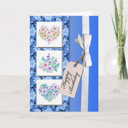 Carte d'anniversaire design floral ruban cadeau (Devant)