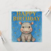 Carte d'anniversaire d'hippopotame. (Devant/Arrière en situation)