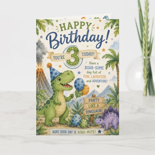Carte d'anniversaire Dino-Mite 3 ans (Devant)