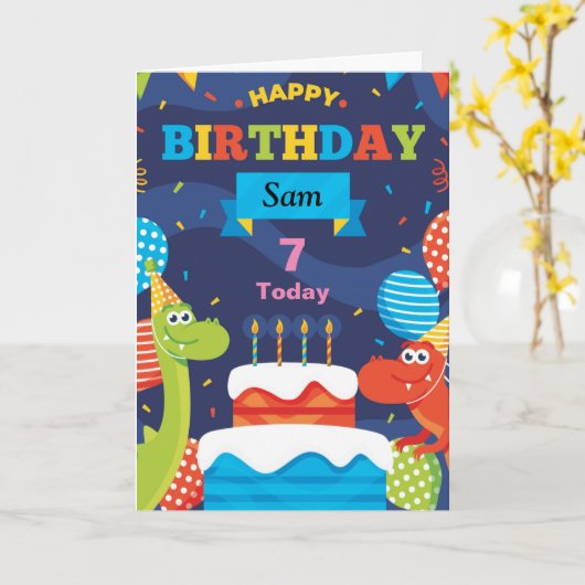 Carte d'anniversaire DINOSAURE avec nom et âge per (Fleur jaune)